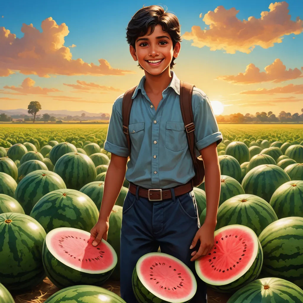 a painting of a boy standing in a field of watermelon slices with the sun setting behind him, fantastic realism, a detailed matte painting, Aaron Jasinski, highly detailed digital painting