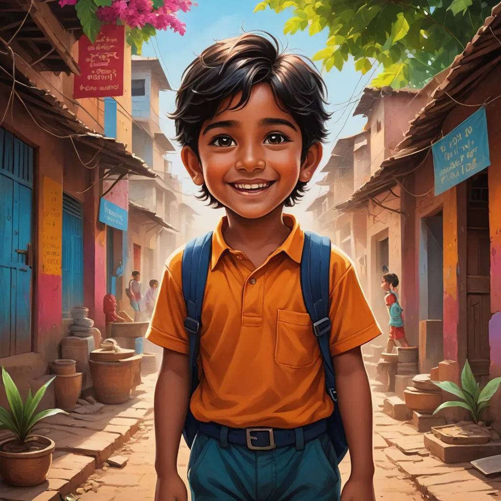 a painting of a boy in a yellow shirt and blue pants with a backpack on a street with buildings and a tree, samikshavad, a storybook illustration, Aaron Jasinski, jayison devadas