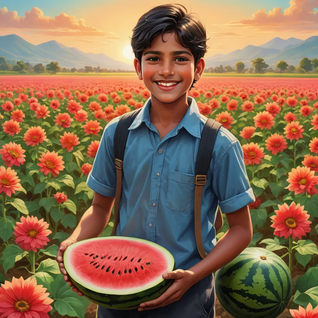 a painting of a boy holding a watermelon in a field of flowers with mountains in the background, samikshavad, poster art, Aaron Jasinski, official art