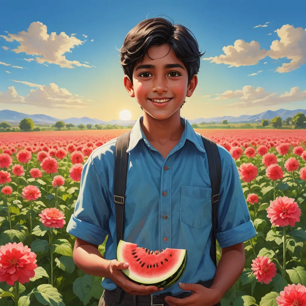 a painting of a boy holding a piece of watermelon in a field of flowers with a sun in the background, samikshavad, poster art, Aaron Jasinski, key art