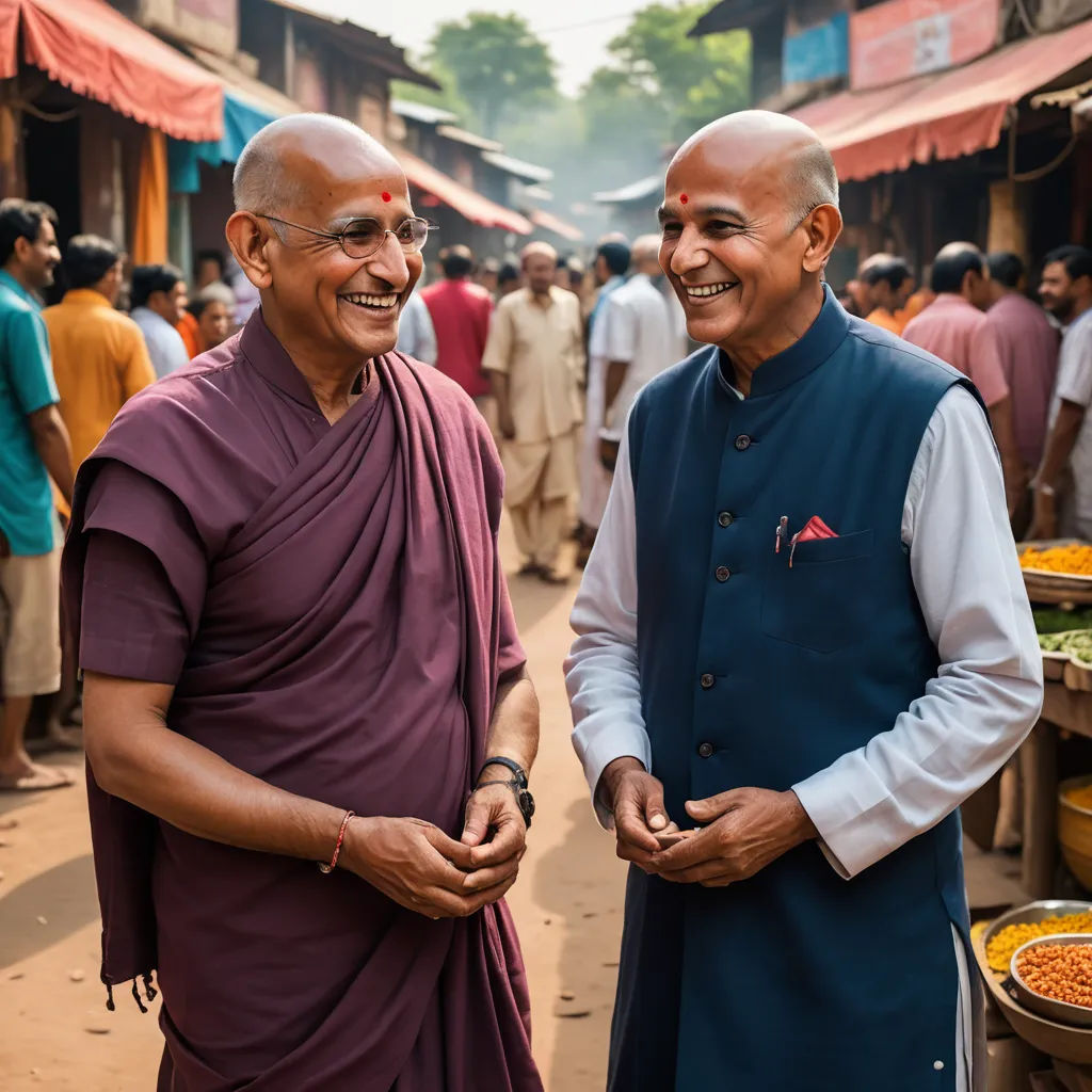 two men standing next to each other in a market place with people in the background and a man in a purple vest, samikshavad, a character portrait, Bholekar Srihari, promotional image