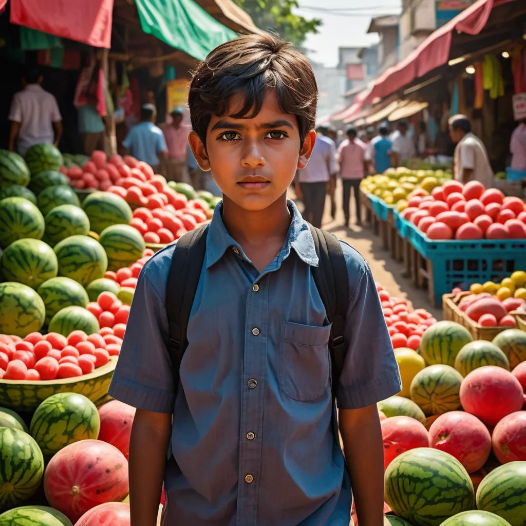a young boy standing in front of a fruit stand with watermelons and melons in the background, samikshavad, a character portrait, Bikash Bhattacharjee, movie still frame