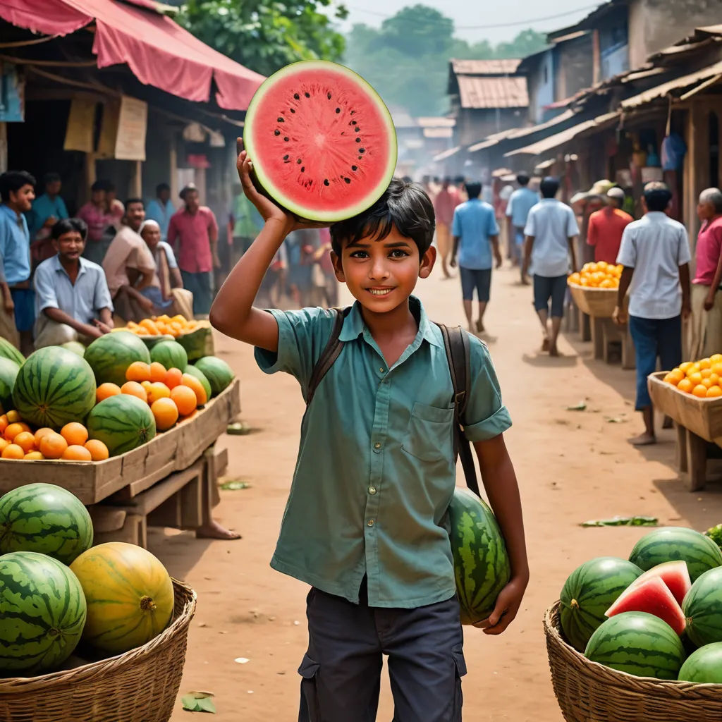 a young boy holding a watermelon in his hand in a market area with other fruit in baskets, samikshavad, a stock photo, Bikash Bhattacharjee, award-winning photograph