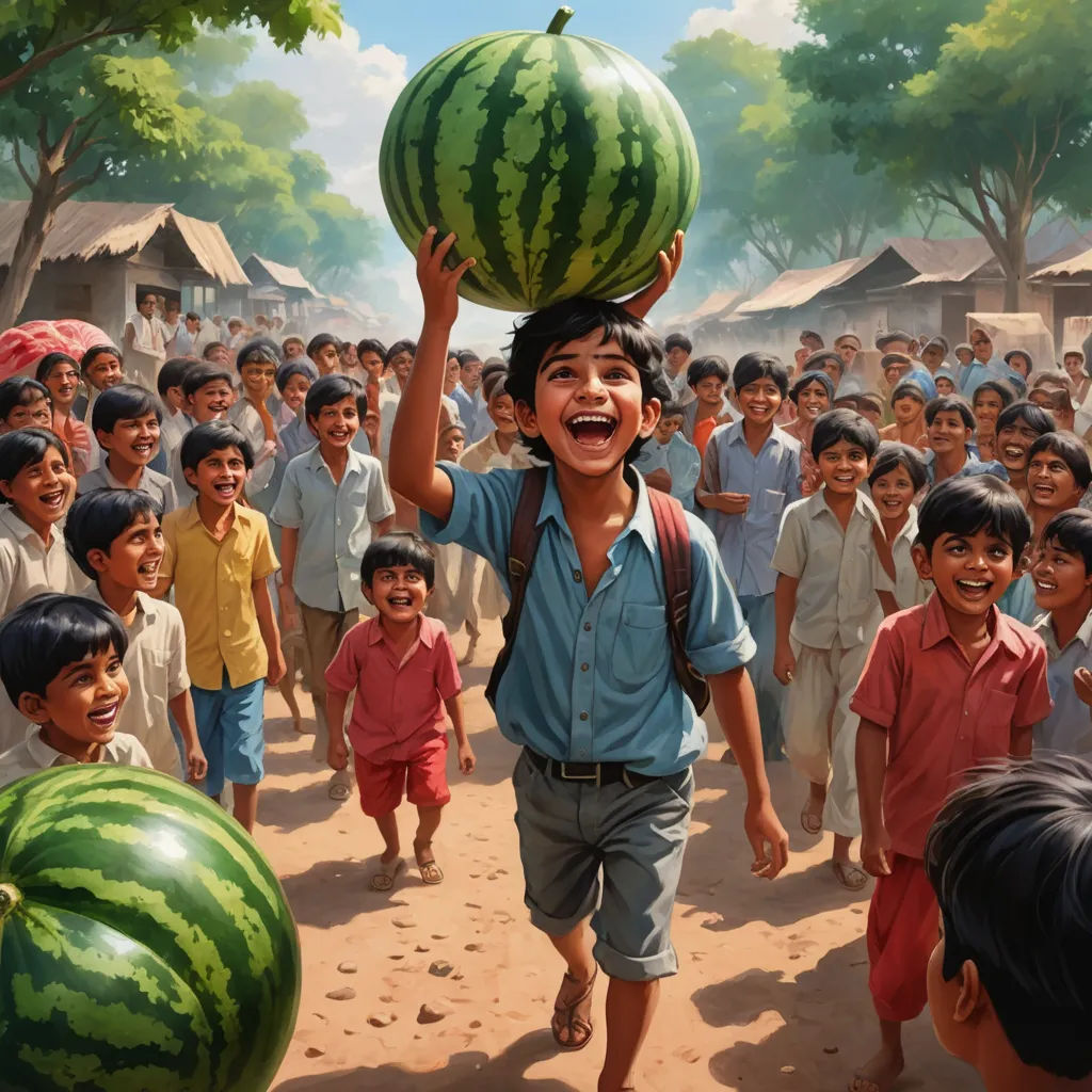 a boy carrying a watermelon on his head in a crowd of children in a village, with a group of people in the background, samikshavad, a detailed painting, Bob Byerley, highly detailed digital painting