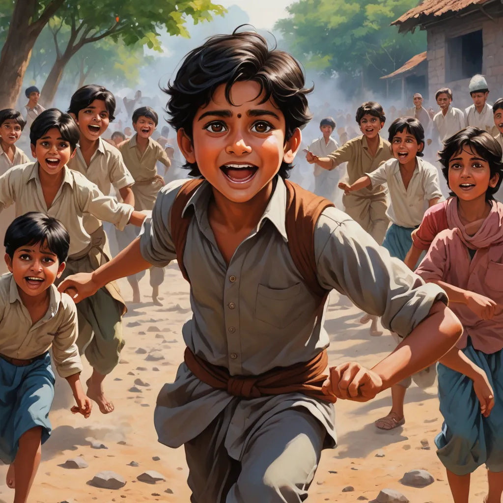 a painting of a boy running with other boys in the background and a building in the background with trees, samikshavad, a detailed painting, Bob Byerley, highly detailed digital painting