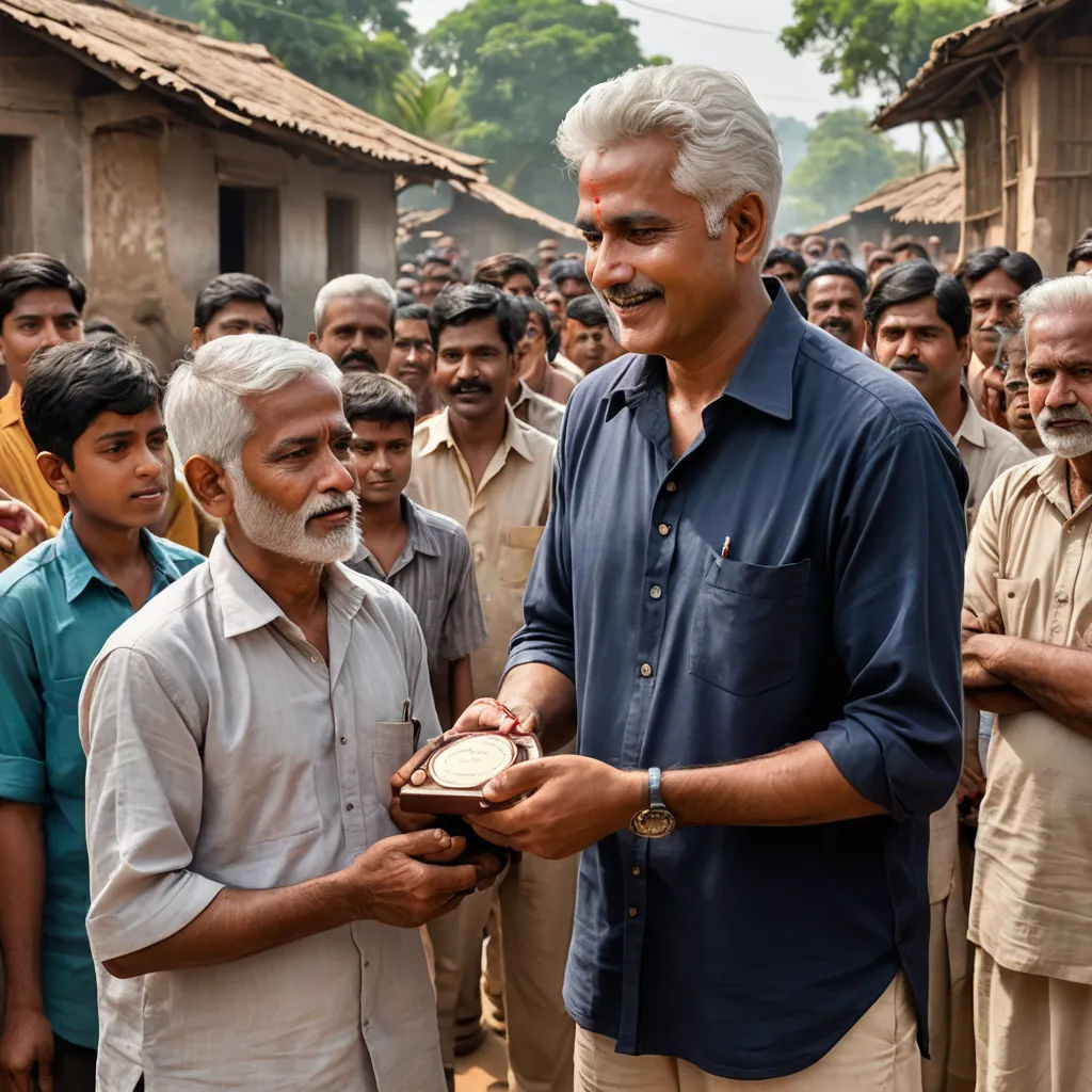 a man holding a bowl of food in front of a crowd of people in india, with a man in the middle of the picture, samikshavad, a character portrait, Bholekar Srihari, movie still frame