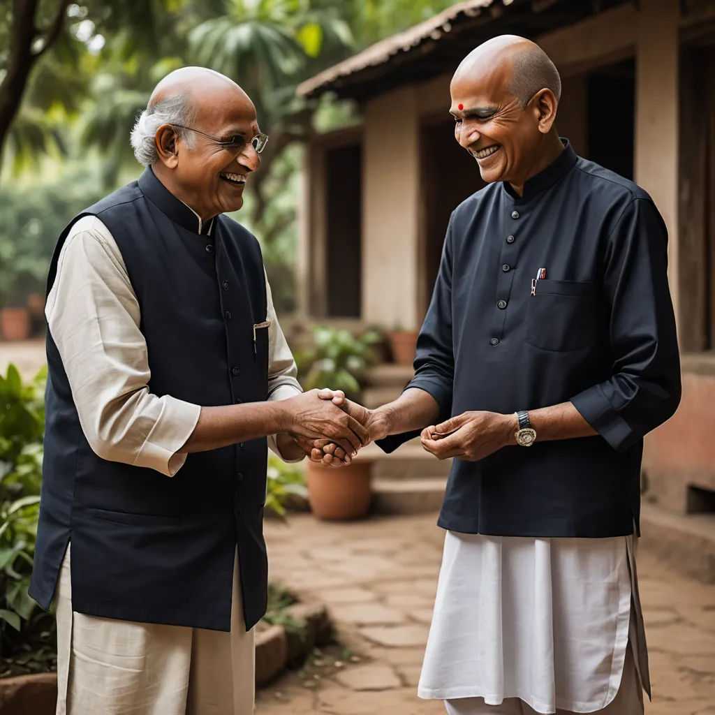 two men shaking hands in front of a house with a tree in the background and a house in the background, samikshavad, a stock photo, Bholekar Srihari, promotional image