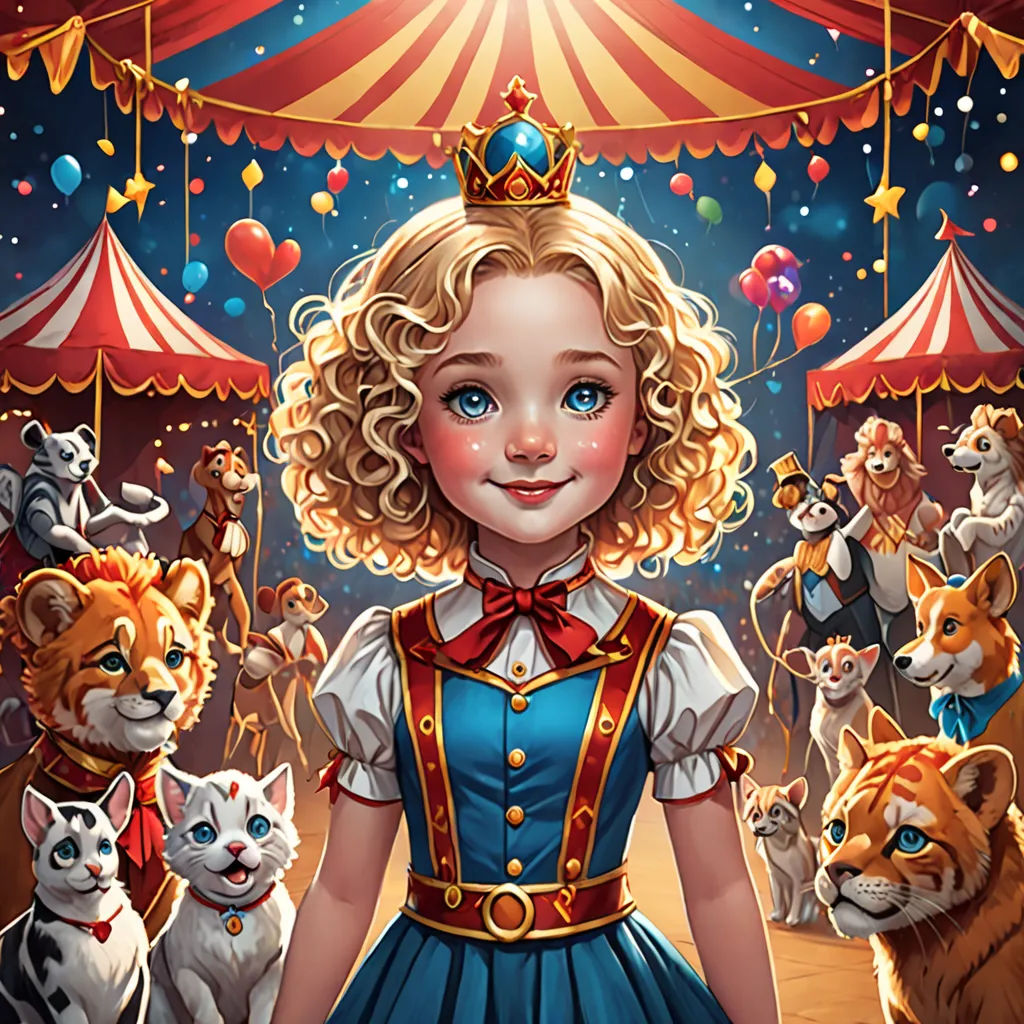 a little girl in a blue dress surrounded by cats and circus tents with a circus tent in the background, Chris Rallis, highly detailed digital painting, a storybook illustration, furry art