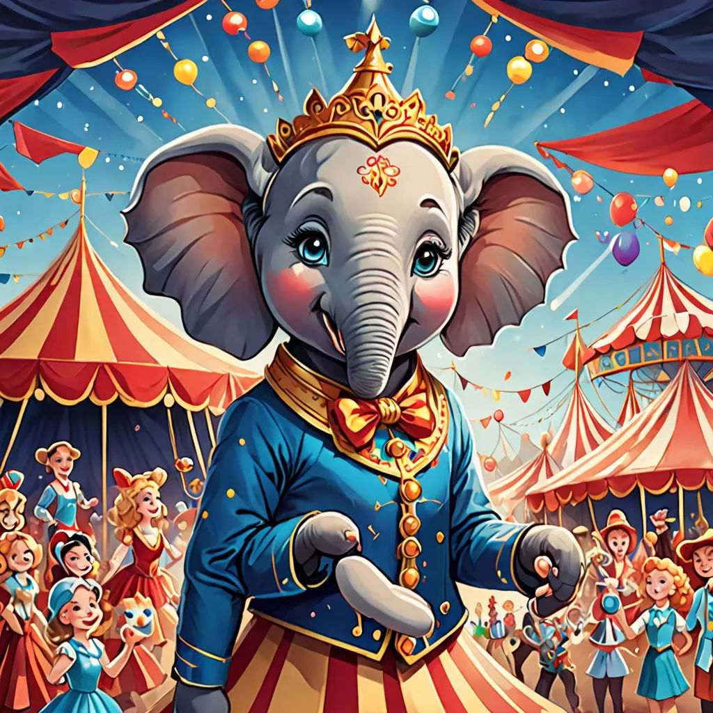 a circus elephant in a blue suit with a crown on his head and a circus tent in the background, Chris LaBrooy, highly detailed digital painting, a storybook illustration, pop surrealism