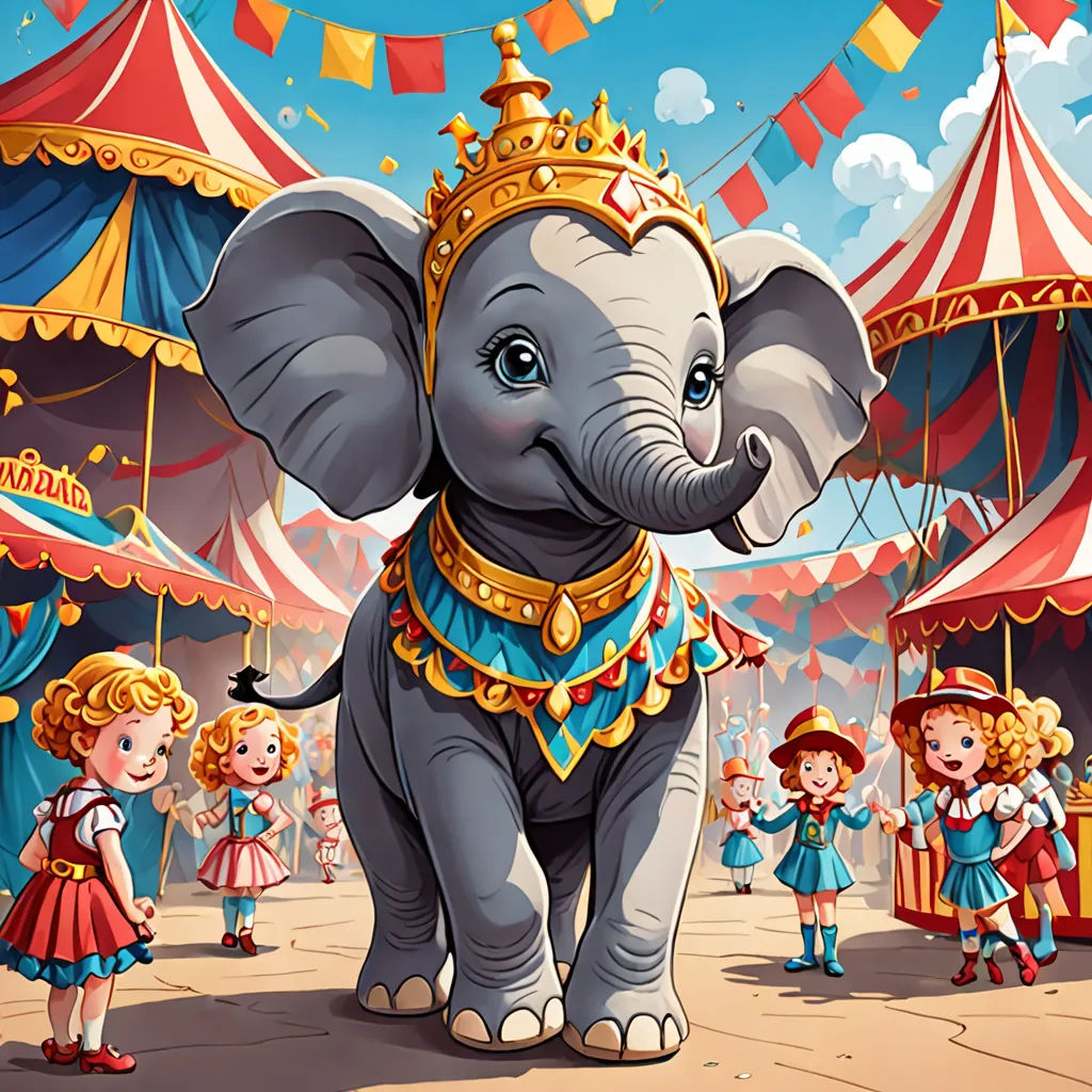 a circus with a small elephant and a group of children standing around it and a circus tent in the background, Chris LaBrooy, highly detailed digital painting, a storybook illustration, magical realism
