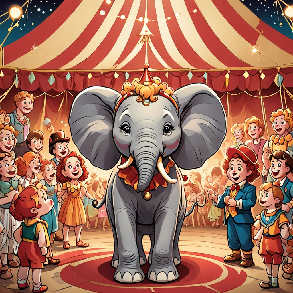 a circus elephant with a crowd of children around it and a circus tent in the background with a circus tent, Chris LaBrooy, furaffinity, a storybook illustration, magical realism