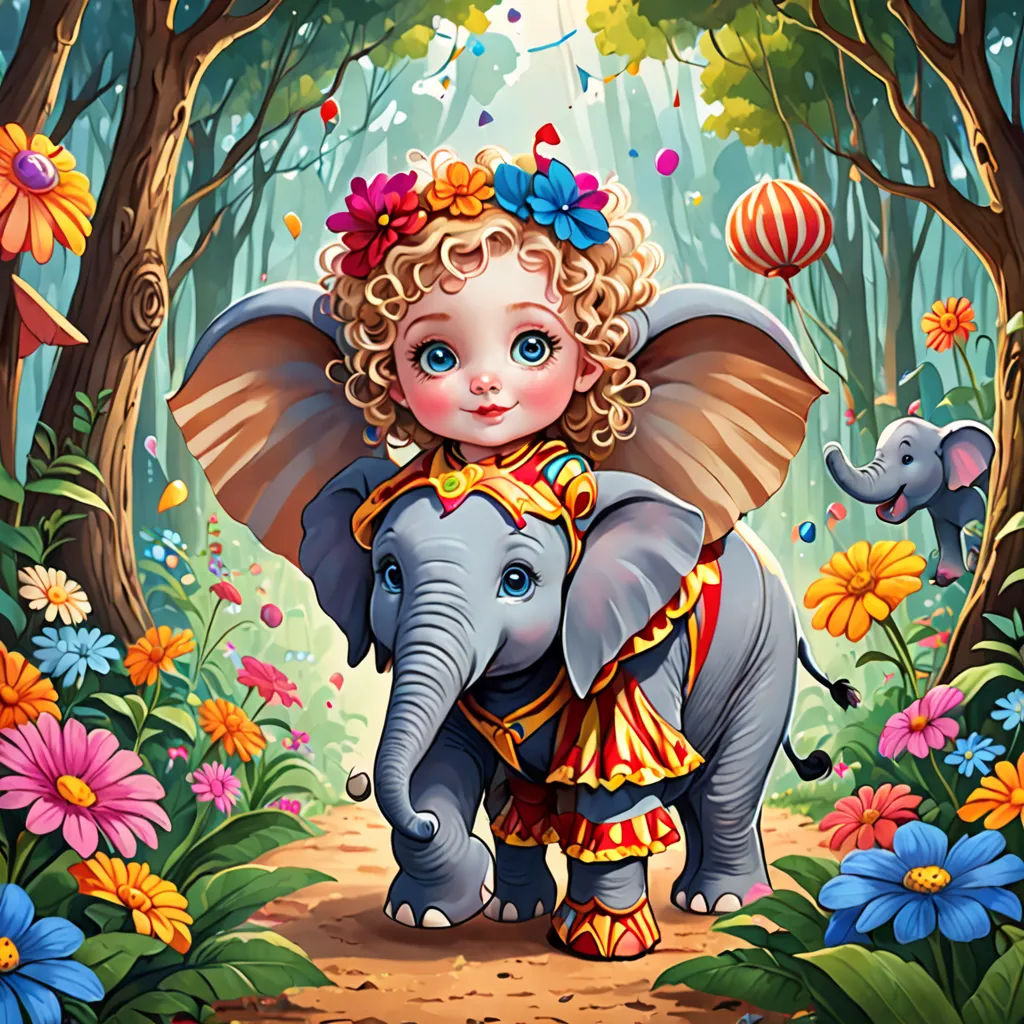 a painting of a little girl riding an elephant in a forest with flowers and balloons on her head and a balloon in the air, Anne Stokes, highly detailed digital painting, a storybook illustration, fantasy art