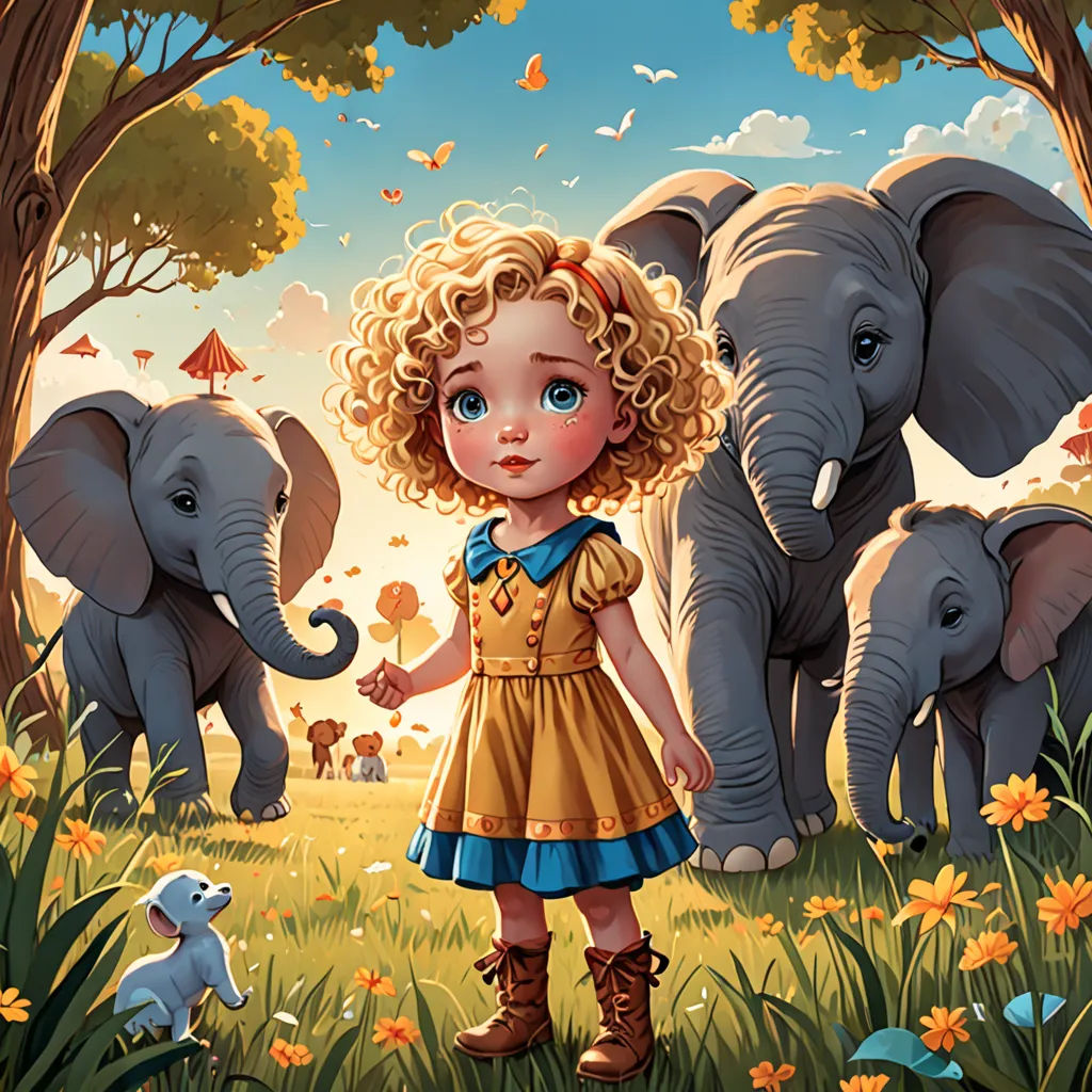 a little girl standing in front of a herd of elephants in a field of flowers and trees with a baby elephant, Alice Prin, highly detailed digital painting, a storybook illustration, pop surrealism