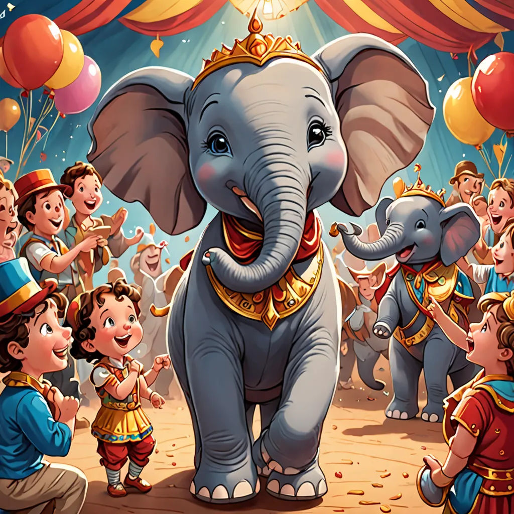 a circus elephant with a crown on its head surrounded by children and balloons in the air and a stage with a curtain, Chris LaBrooy, highly detailed digital painting, a storybook illustration, magical realism