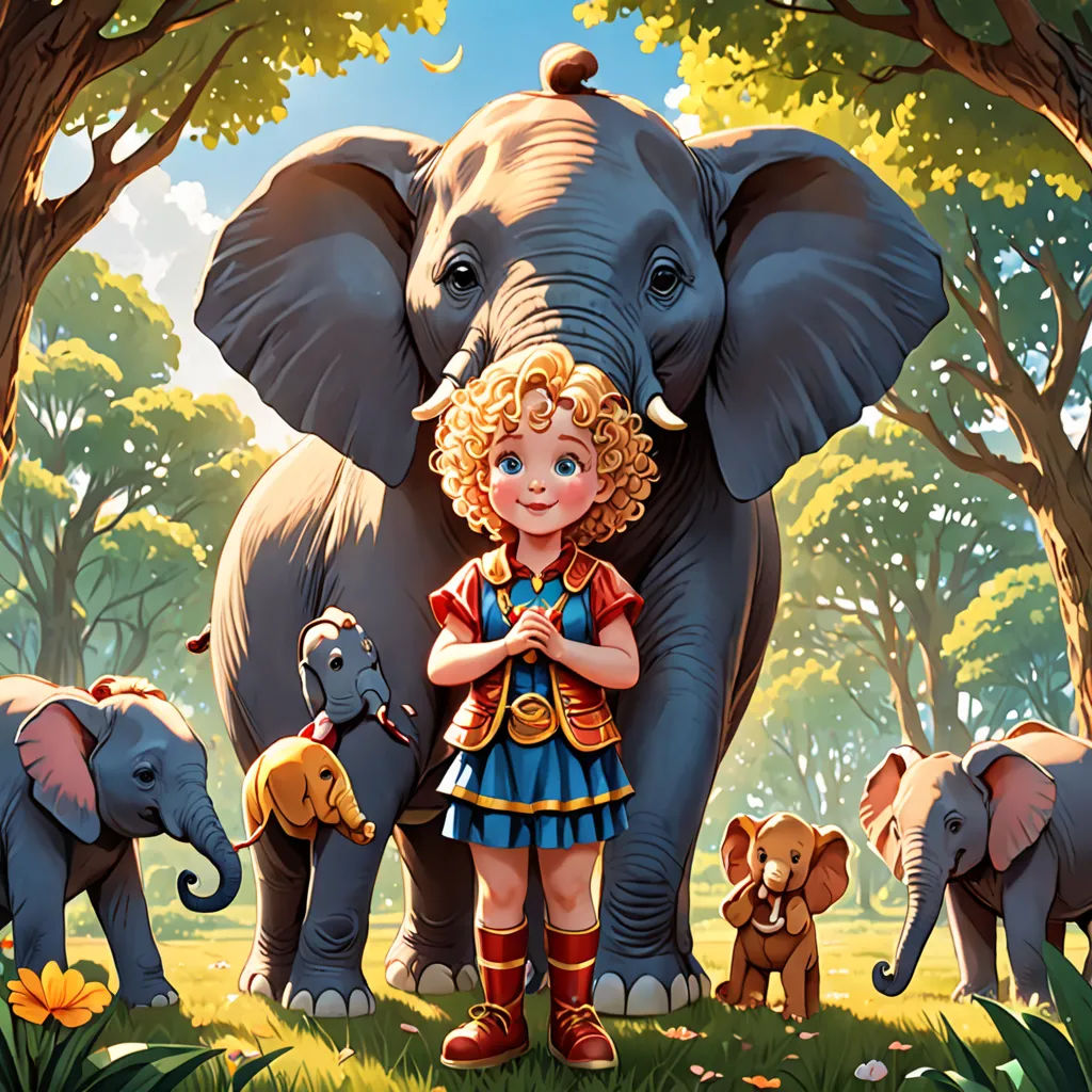 a painting of a girl standing in front of an elephant and other animals in a forest with trees and grass, Chris LaBrooy, promotional image, a storybook illustration, pop surrealism