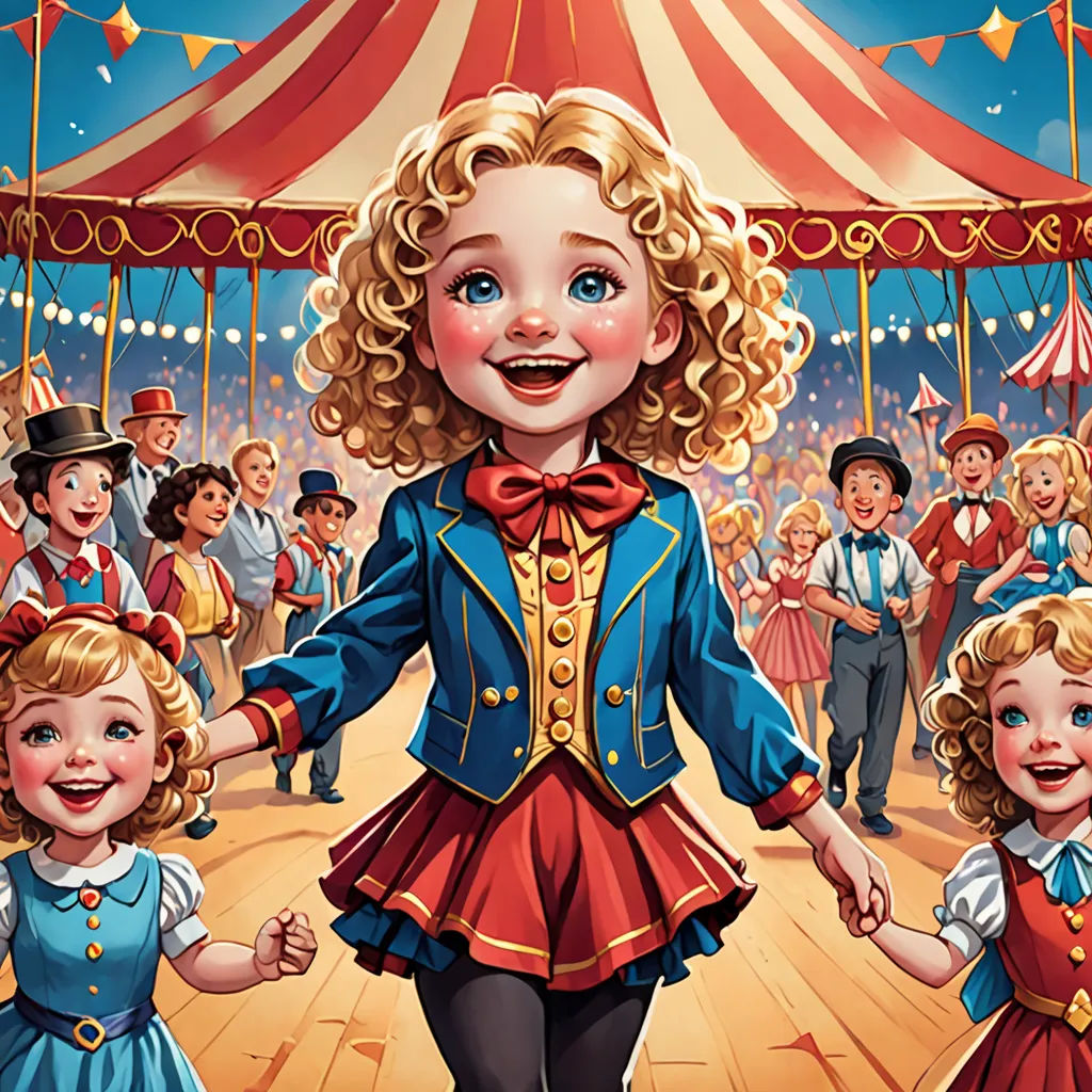 a painting of a girl in a circus outfit holding hands with a girl in a red dress and a boy in a blue suit, Bob Byerley, highly detailed digital painting, a storybook illustration, naive art