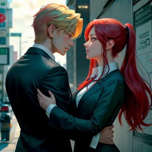 a couple of people standing next to each other near a building on a city street with a sign on the side of the street