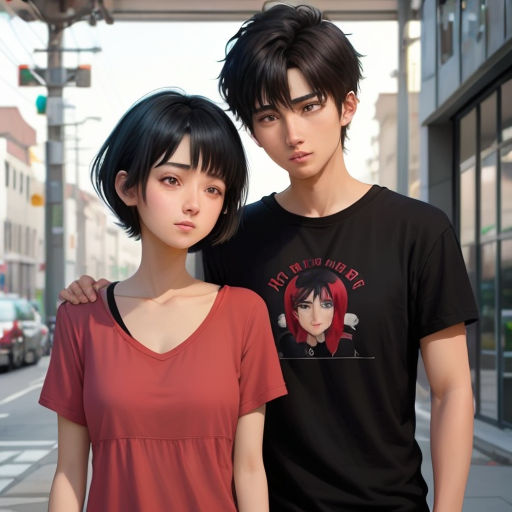 a couple of people standing next to each other on a street corner with a building in the background and a car parked on the side of the road