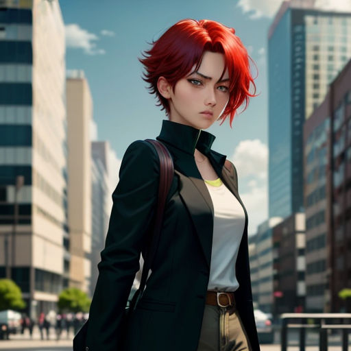 a woman with red hair and a black jacket is standing in a city street with buildings and a red - haired woman with a backpack