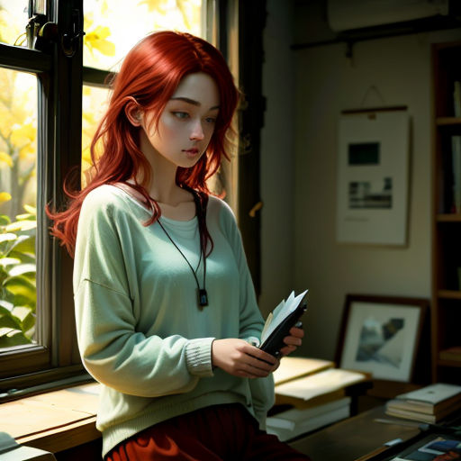 a woman with red hair is holding a book in her hands and looking out a window at the woods