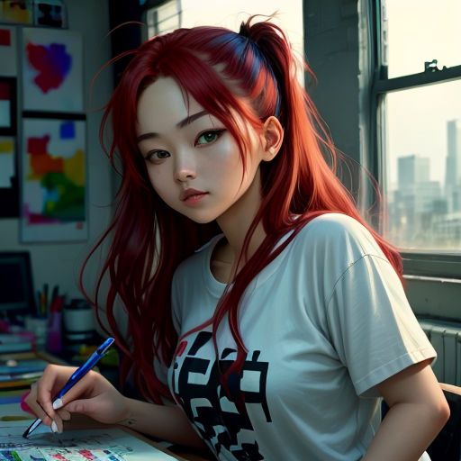 a woman with red hair is writing on a piece of paper with a pen in her hand and a city in the background