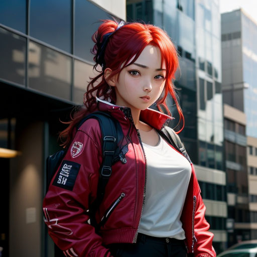 a woman with red hair and a backpack standing in front of a building with a red jacket on her