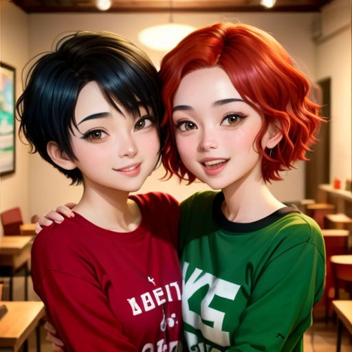 two young women standing next to each other in a room with tables and chairs and a painting of a woman with red hair