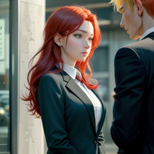 a man and a woman standing next to each other in front of a building with a red hair and a suit on