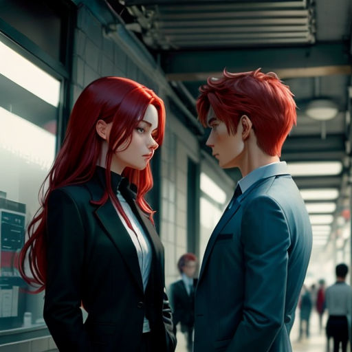 a man and a woman standing next to each other in a building with people walking by them and a woman with red hair