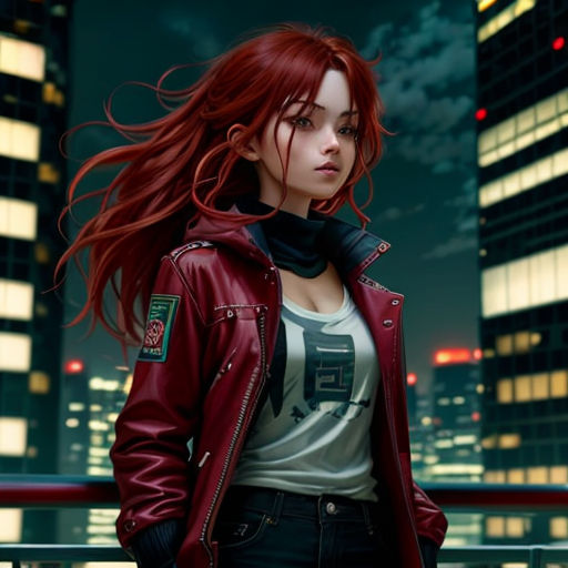a woman with red hair and a leather jacket on a balcony at night with city lights in the background