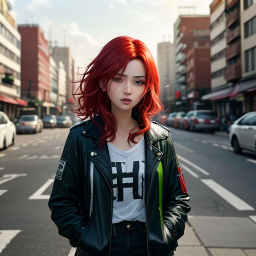a woman with red hair standing on a street corner in a city with cars and buildings behind her,