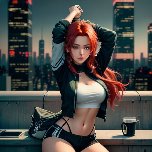 a woman with red hair sitting on a bench in a city setting with a mug of coffee in her hand