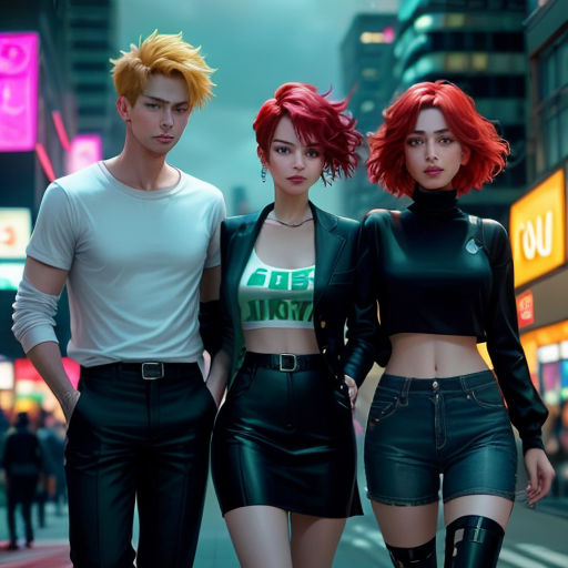 a group of people standing next to each other on a street with neon signs in the background and a city