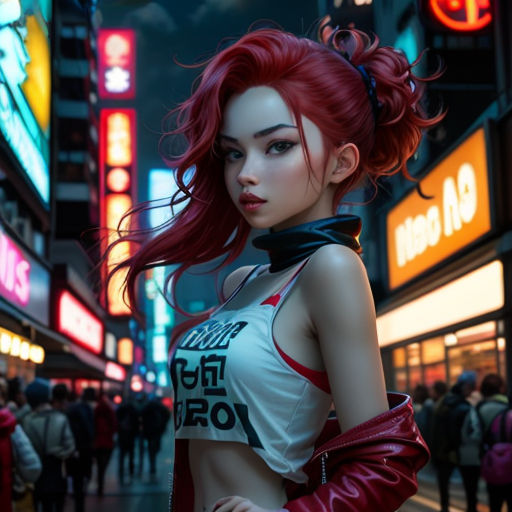 a woman with red hair and a white top on a city street at night with neon signs and neon lights