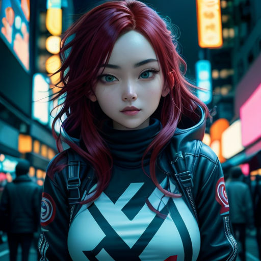 a woman with red hair and a black jacket on a city street at night with neon signs in the background