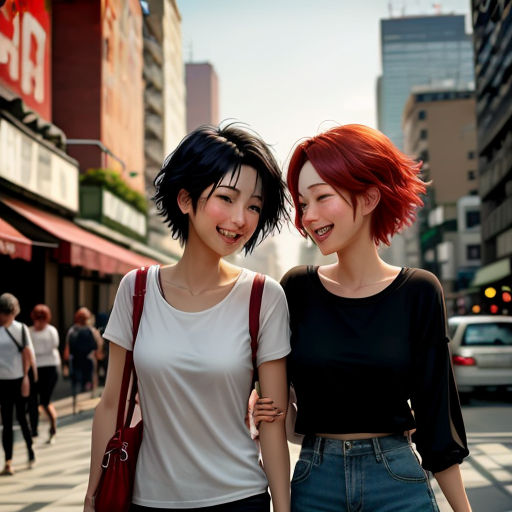 two young women walking down a city street together, one with red hair and the other with black hair