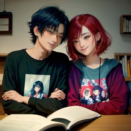 a couple of people sitting next to each other near a book and a book shelf with books on it