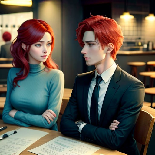 a man and a woman sitting at a table in a restaurant looking at each other with pens and paper