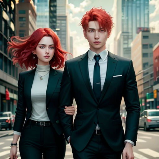 a man and a woman in suits walking down a street together, with red hair in the wind and a city in the background
