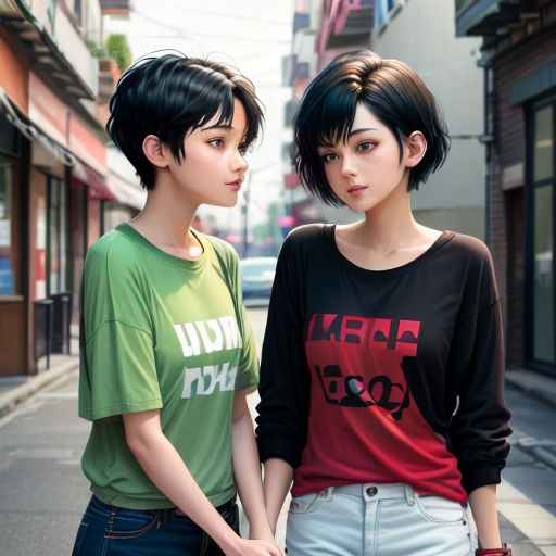 two young women standing next to each other on a street corner holding hands and looking at each other's eyes