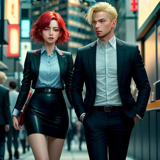 a man and a woman walking down a street in a city at night time, with a red hair