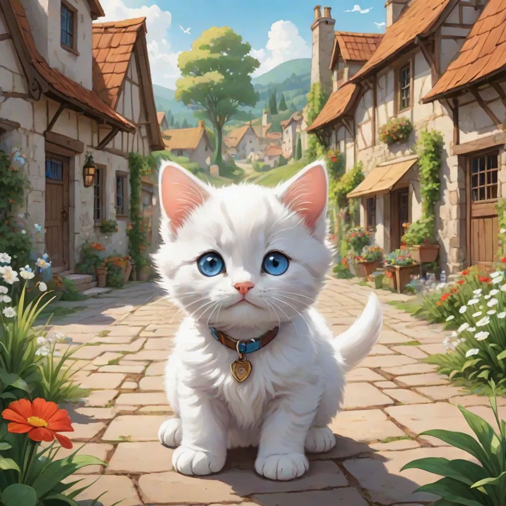 a white cat sitting on a brick walkway in front of a house with a blue eyes and a collar, magic the gathering artwork, fantasy art, a storybook illustration, Chris Rallis