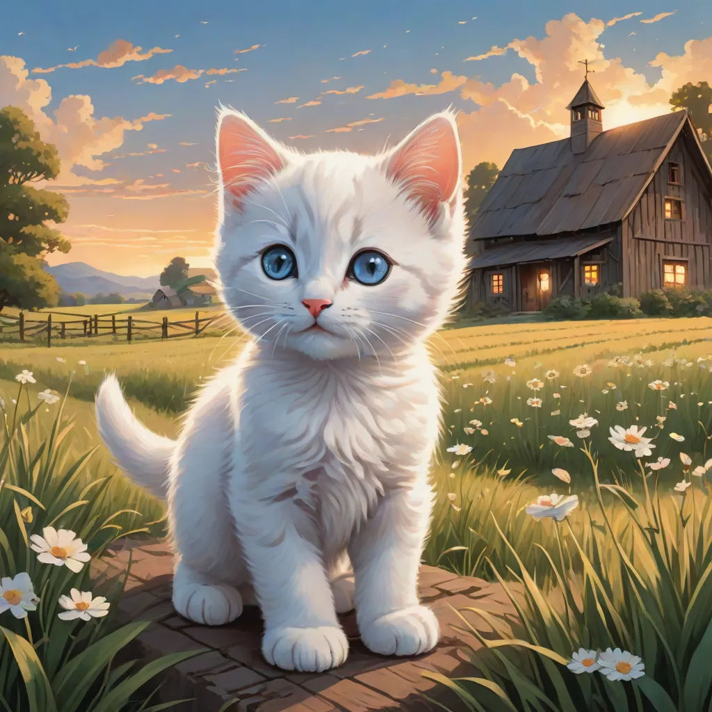 a painting of a white kitten sitting on a rock in a field of flowers with a barn in the background, official art, furry art, a fine art painting, Chris LaBrooy