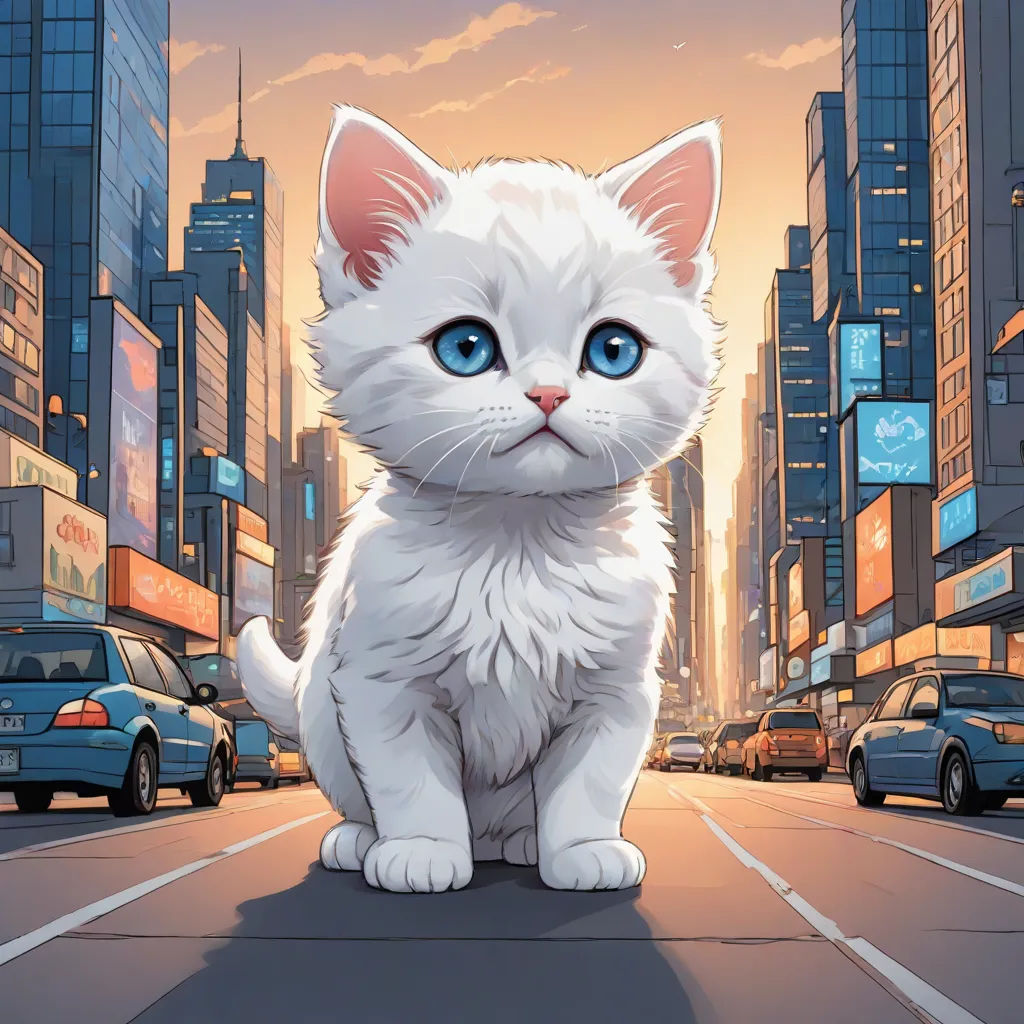 a white cat sitting on the side of a road in a city with tall buildings and cars on the street, official art, sots art, a comic book panel, Chris LaBrooy