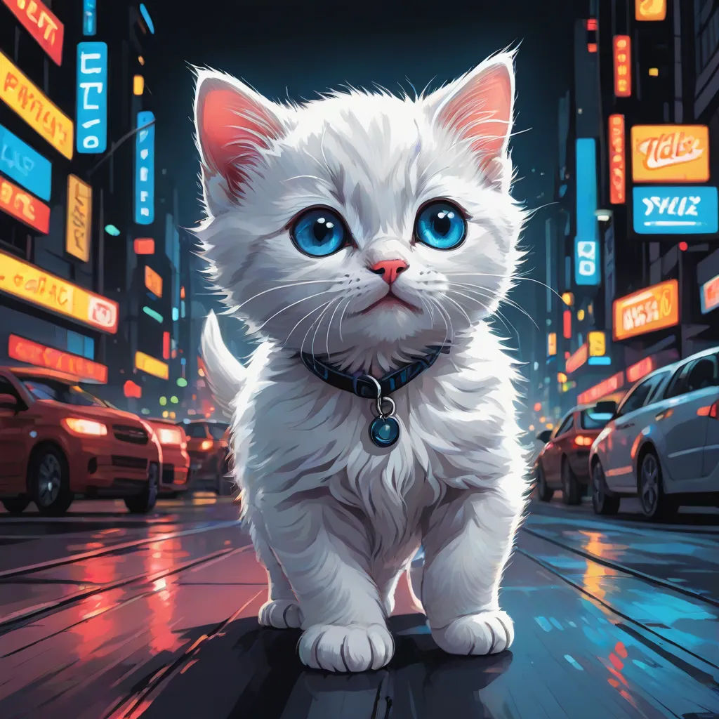 a white kitten with blue eyes standing on a city street at night with neon signs and buildings in the background, official art, furry art, a comic book panel, Drew Struzan