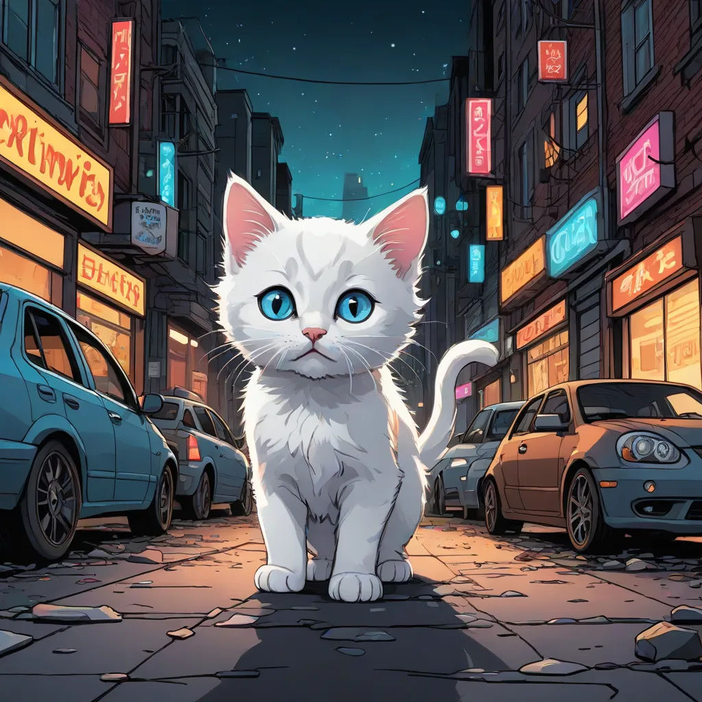 a white cat sitting on a city street at night with a full moon in the background and cars parked on the street, josan gonzales and dan mumford, furry art, a comic book panel, Asaf Hanuka