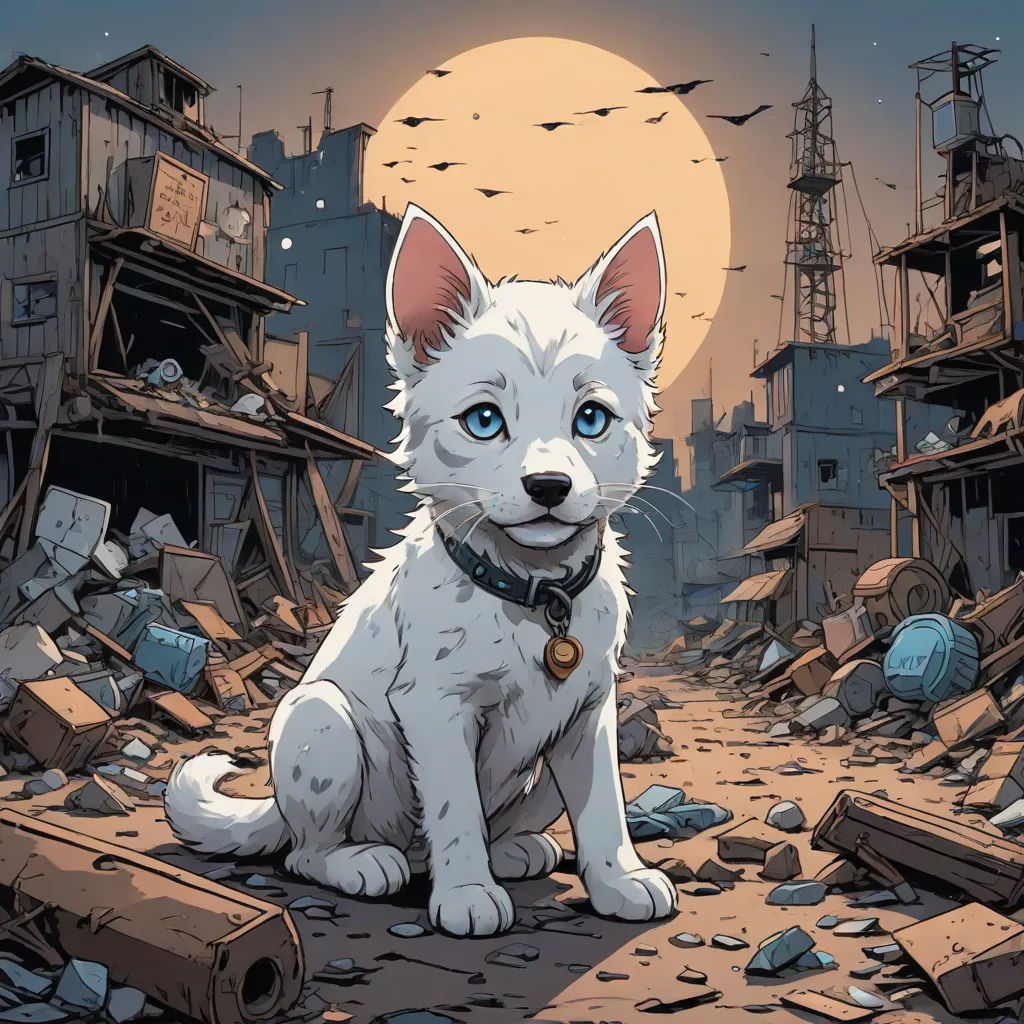 a white dog sitting on top of a pile of rubble next to a building with a full moon in the background, comic cover art, furry art, a comic book panel, Aleksi Briclot