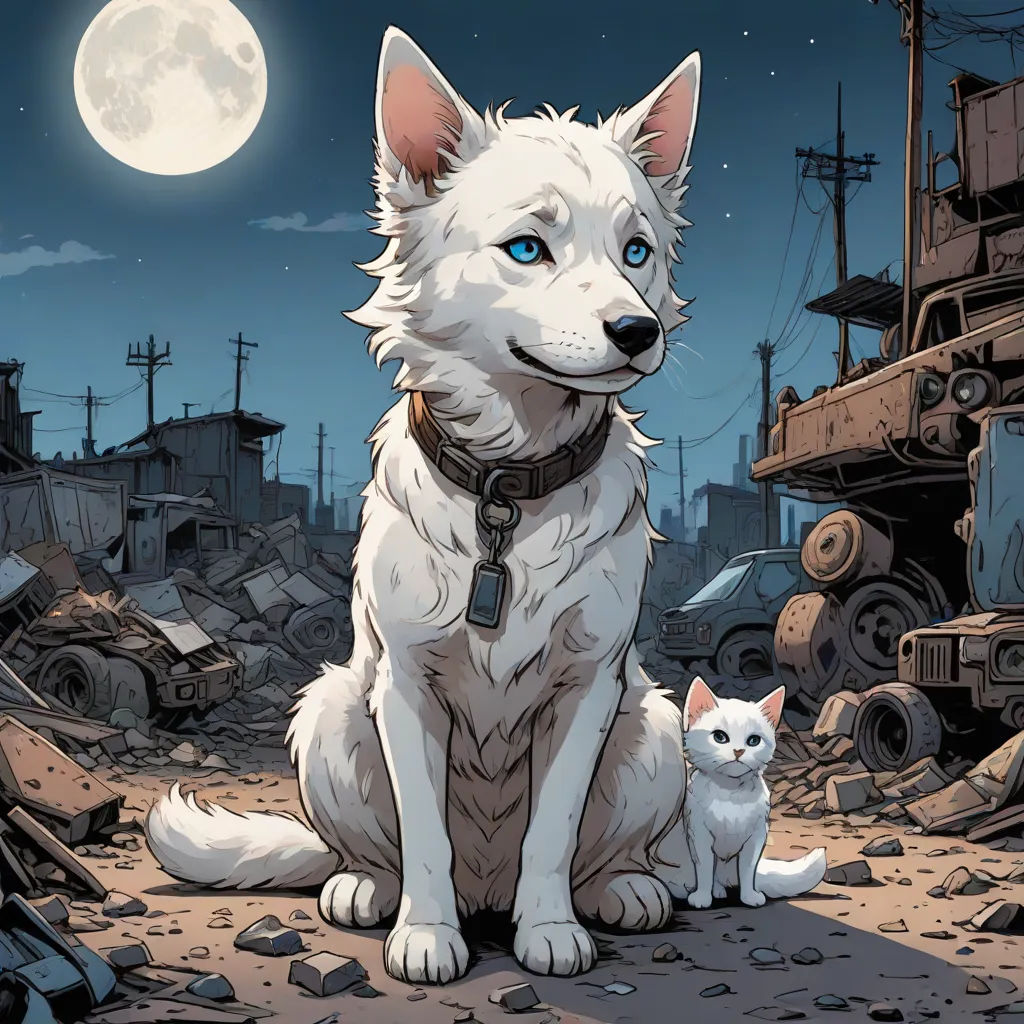 a white dog and a white cat sitting on a dirty ground in front of a full moon and a city, comic cover art, furry art, a comic book panel, Asaf Hanuka