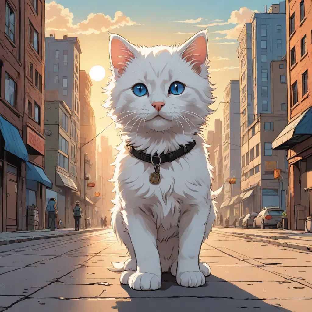 a white cat sitting on a city street with a blue eyes and a black collar on it's neck, official art, furry art, a comic book panel, Drew Struzan