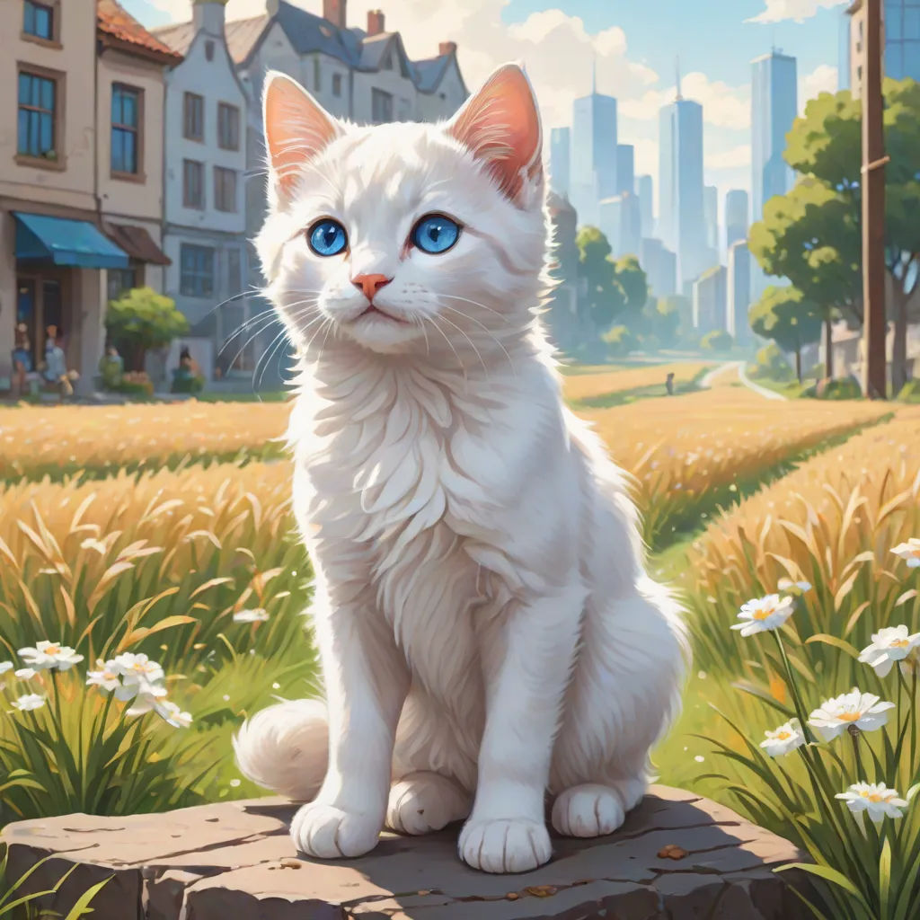 a white cat sitting on a rock in a field of flowers and grass with a city in the background, official art, altermodern, a painting, Chris LaBrooy